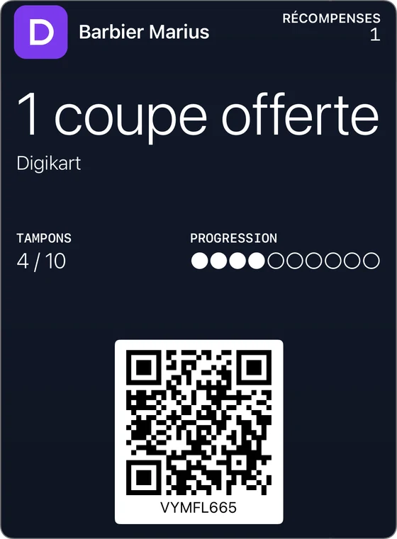 Exemple de carte de fidélité classique dans Apple Wallet : Barbier Marius, 1 coupe offerte, 4 tampons sur 10.