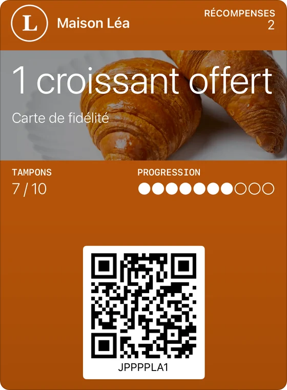 Exemple de carte de fidélité classique dans Apple Wallet : Maison Léa, 1 croissant offert, 7 tampons sur 10.